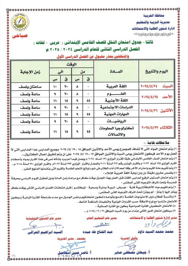 جداول امتحانات المرحلة الابتدائية الترم الثاني 2025 محافظة الغربية